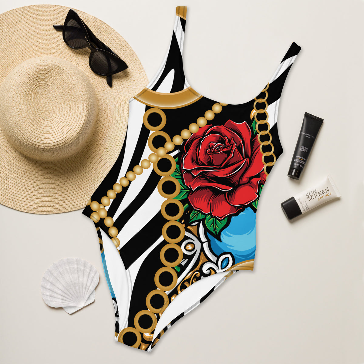 Latina Fashion- Latina Rocks Roses and Pearls One-Piece Swimsuit