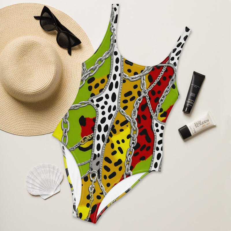 Latina Fashion- Latina Rocks Chains and Patchwork Animal Print One-Piece Swimsuit