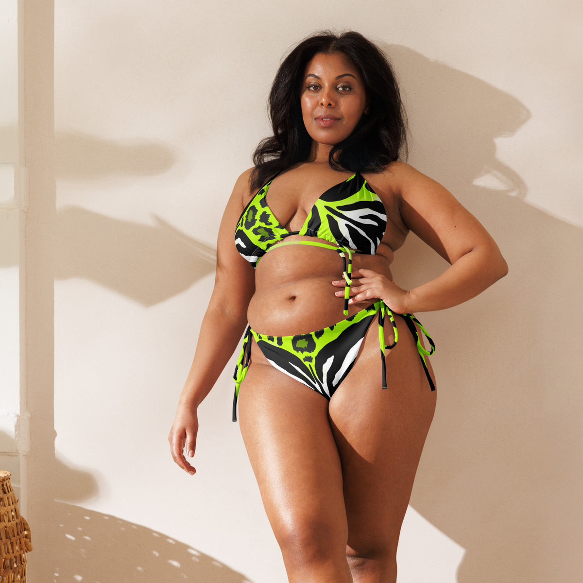 Latina Fashion- Latina Rocks Neon Green Zebra-Cheetah Print String-Bikini