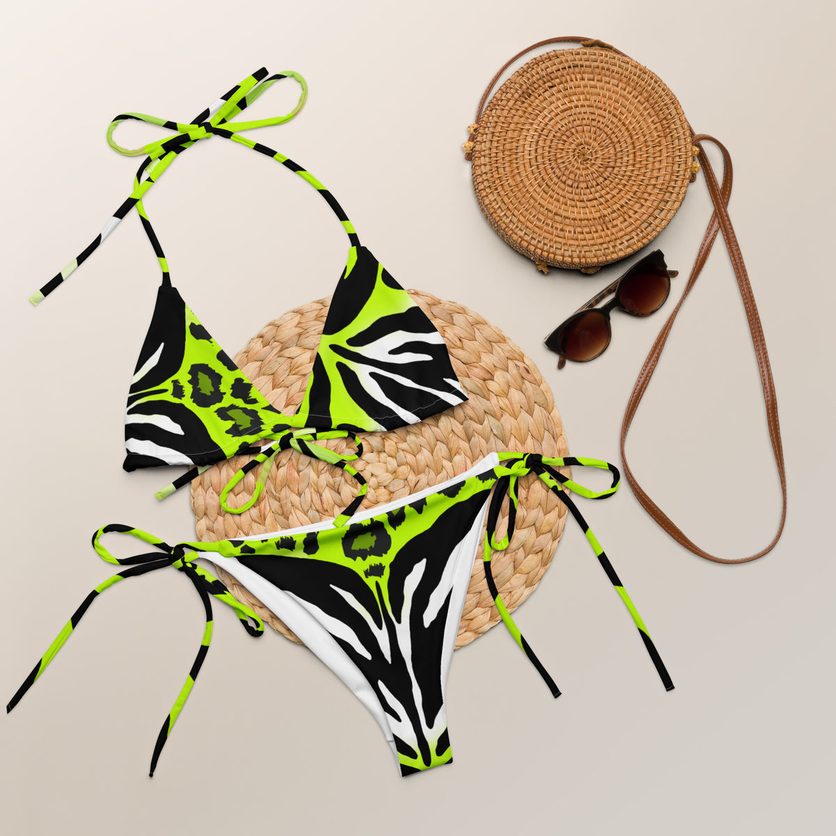 Latina Fashion- Latina Rocks Neon Green Zebra-Cheetah Print String-Bikini