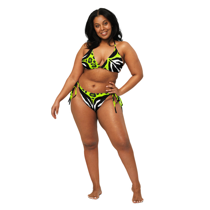 Latina Fashion- Latina Rocks Neon Green Zebra-Cheetah Print String-Bikini