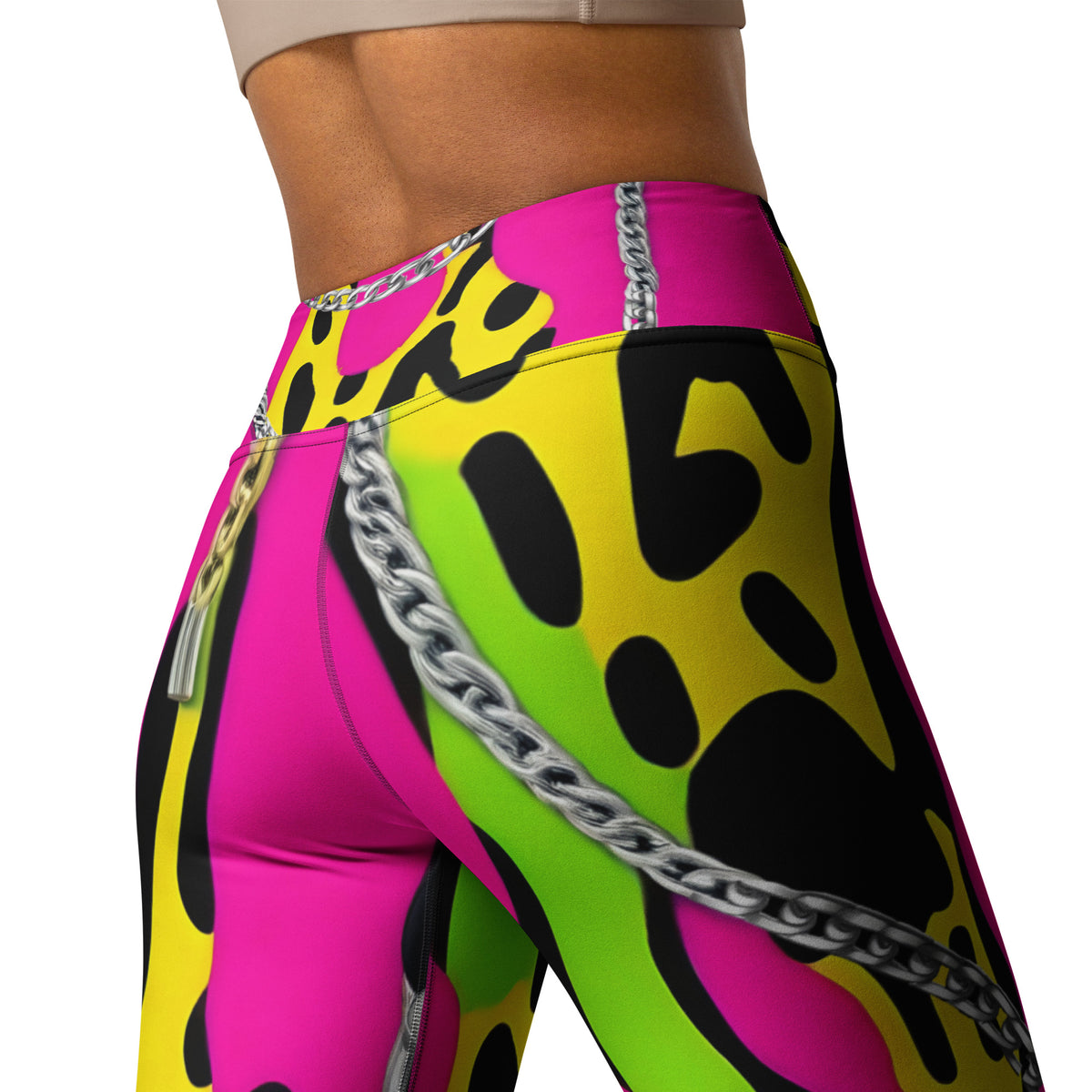 Latina Rocks Neon Pink w/ Neon Green and Yellow Animal Print Chains Yoga Leggings