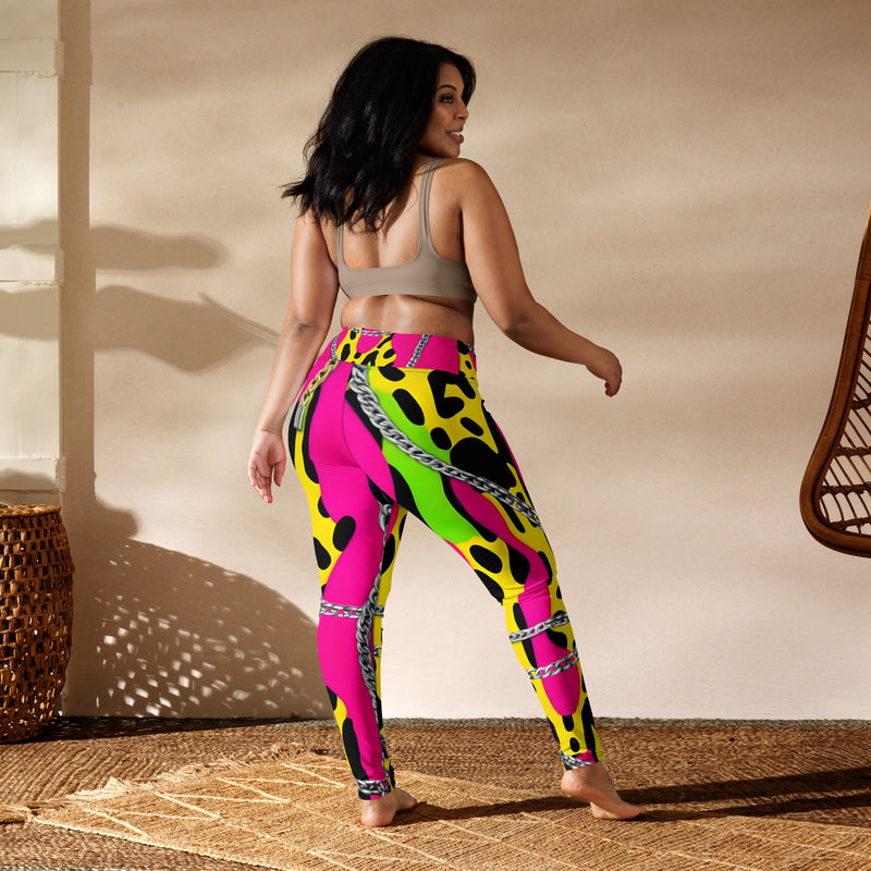 Latina Rocks Neon Pink w/ Neon Green and Yellow Animal Print Chains Yoga Leggings