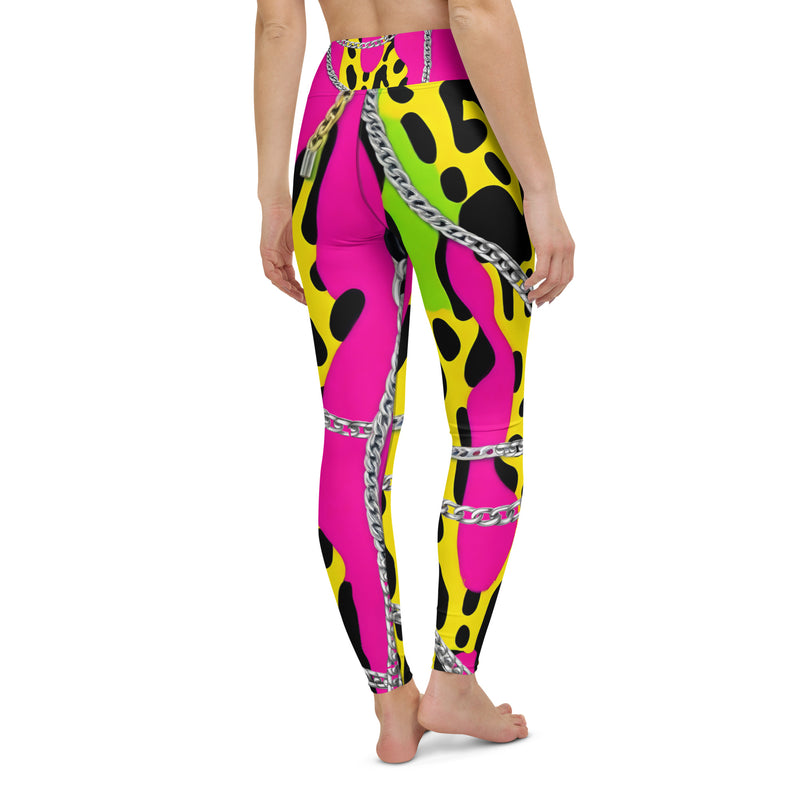 Latina Rocks Neon Pink w/ Neon Green and Yellow Animal Print Chains Yoga Leggings