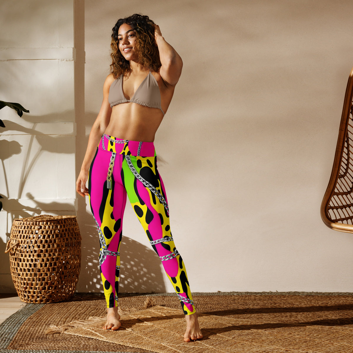 Latina Rocks Neon Pink w/ Neon Green and Yellow Animal Print Chains Yoga Leggings