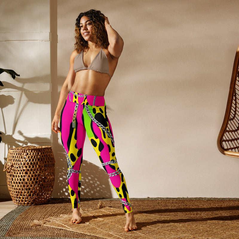 Latina Rocks Neon Pink w/ Neon Green and Yellow Animal Print Chains Yoga Leggings