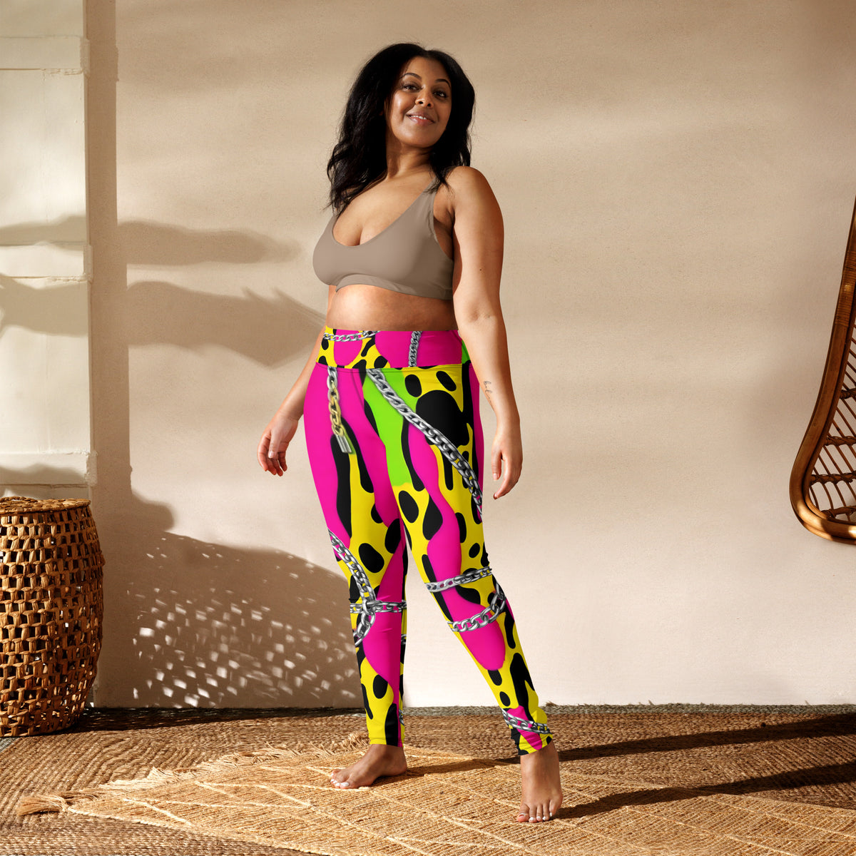 Latina Rocks Neon Pink w/ Neon Green and Yellow Animal Print Chains Yoga Leggings