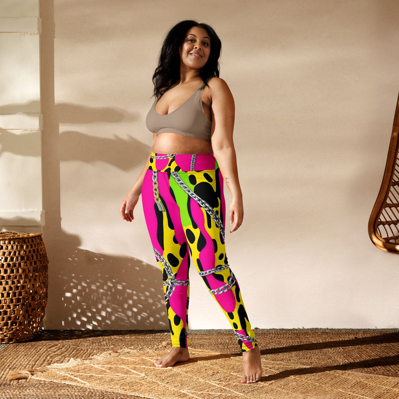 Latina Rocks Neon Pink w/ Neon Green and Yellow Animal Print Chains Yoga Leggings