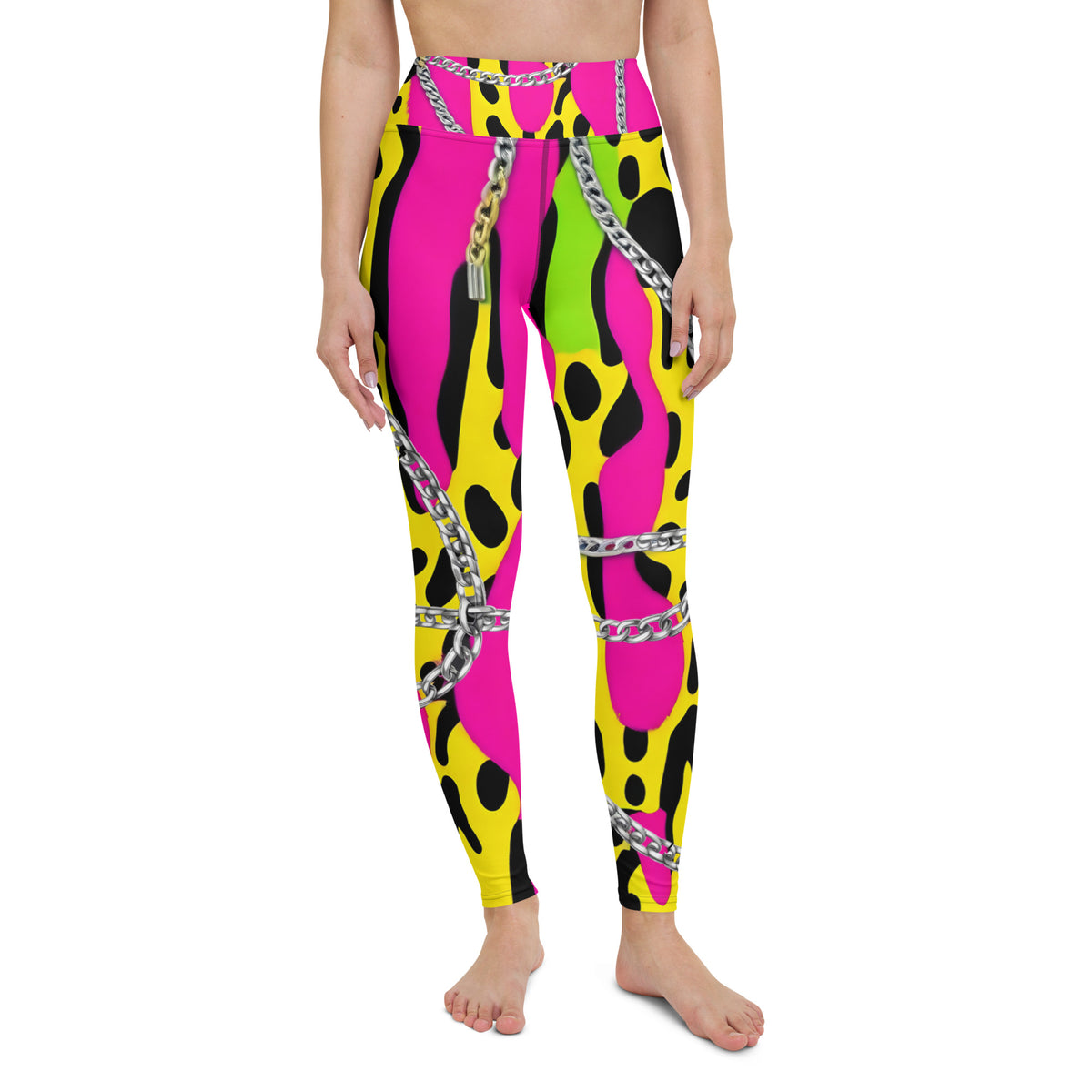 Latina Rocks Neon Pink w/ Neon Green and Yellow Animal Print Chains Yoga Leggings