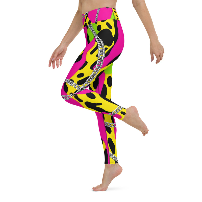 Latina Rocks Neon Pink w/ Neon Green and Yellow Animal Print Chains Yoga Leggings