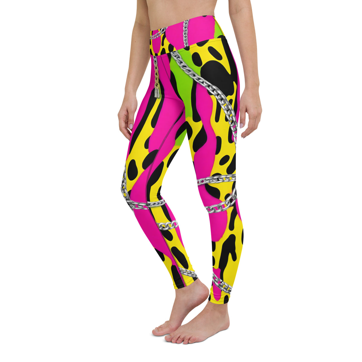 Latina Rocks Neon Pink w/ Neon Green and Yellow Animal Print Chains Yoga Leggings