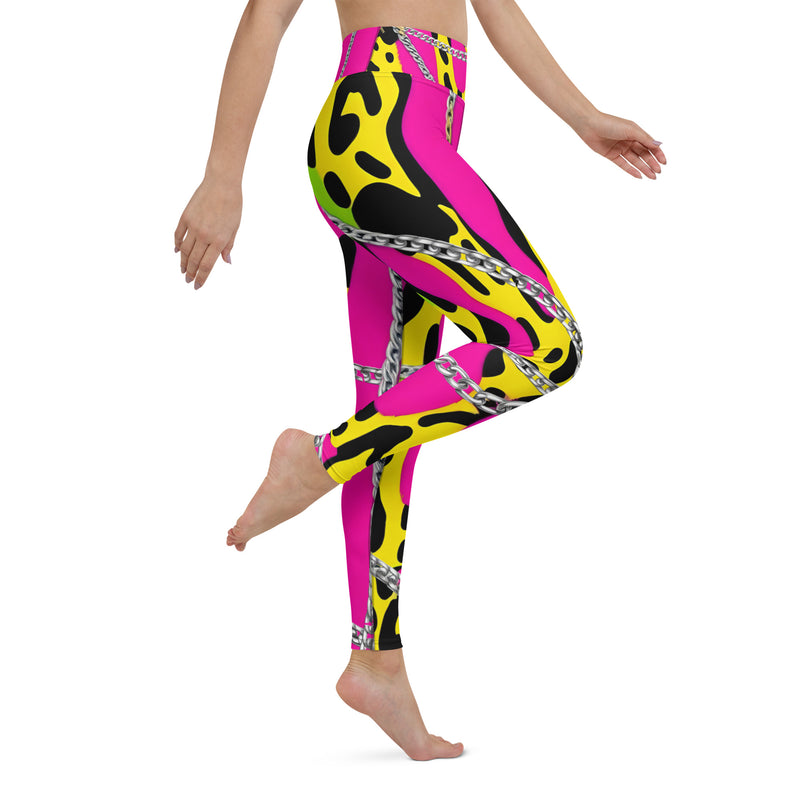 Latina Rocks Neon Pink w/ Neon Green and Yellow Animal Print Chains Yoga Leggings