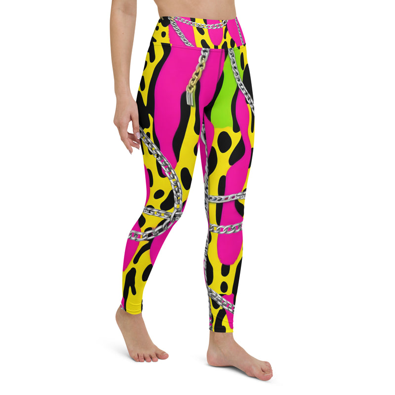 Latina Rocks Neon Pink w/ Neon Green and Yellow Animal Print Chains Yoga Leggings